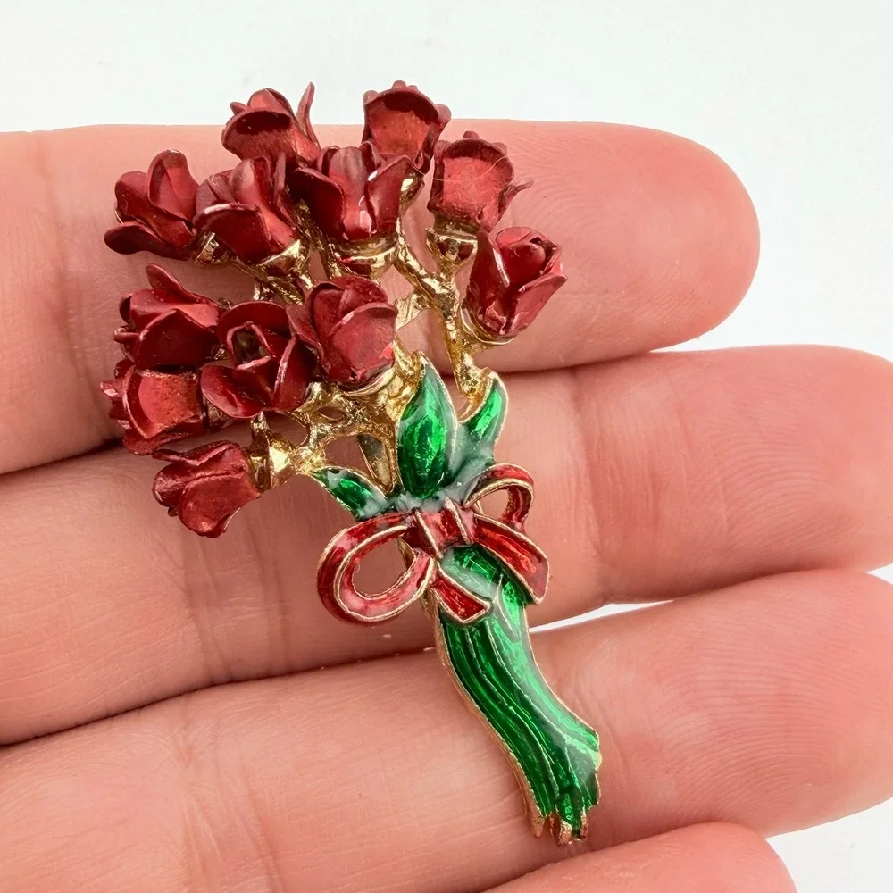 Rose Bouquet Brooch‎ Red Good Enamel Floral Gold Tone Pin